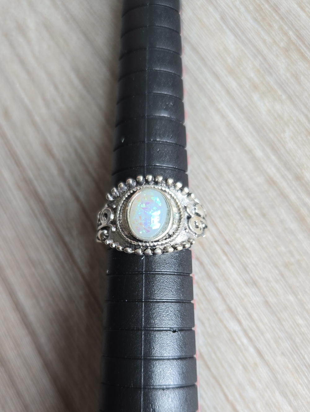 Sterling-Style White Opal Halo Ring.Size 6.5